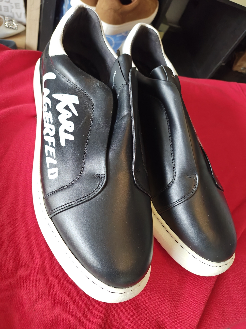 Karl Lagerfeld Black Leather Slip-On Sneakers with White Sole